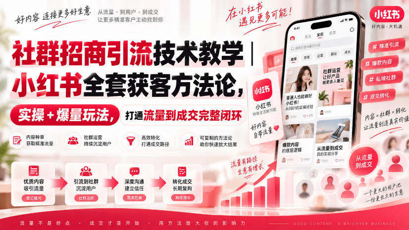 社群招商引流技术教学｜小红书全套获客方法论，实操+爆量玩法，打通流量到成交完整闭环-宣源知识学堂