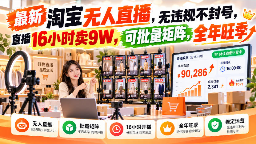 最新淘宝无人直播，无违规不封号，直播16小时卖9W，可批量矩阵，全年旺季【揭秘】-宣源知识学堂