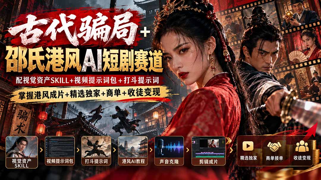 古代骗局+邵氏港风AI短剧赛道：配视觉资产SKILL+视频提示词包+打斗提示词，掌握港风成片+精选独家+商单+收徒变现-宣源知识学堂
