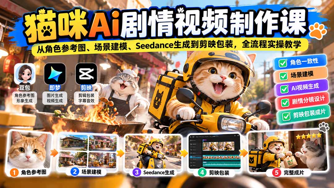 猫咪AI剧情视频制作课：从角色参考图、场景建模、Seedance生成到剪映包装，全流程实操教学-宣源知识学堂