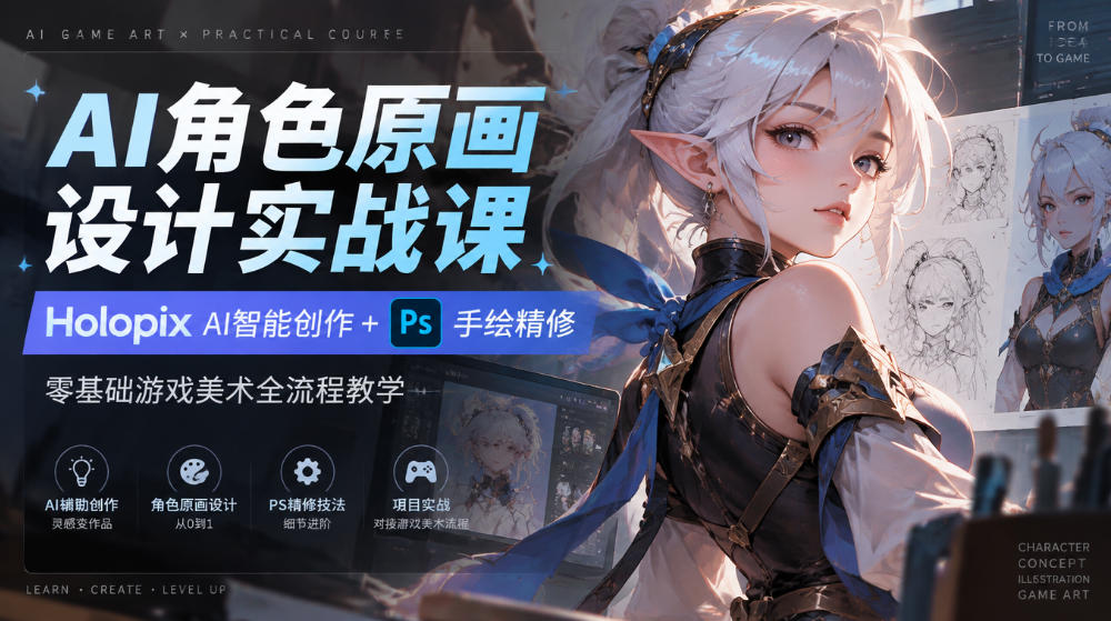 AI角色原画设计实战课｜Holopix AI智能创作+PS手绘精修，零基础游戏美术全流程教学-宣源知识学堂