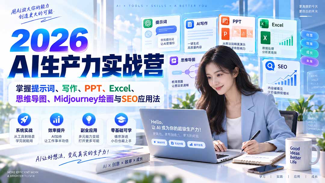 2026AI生产力实战营:掌握提示词、写作、PPT、Excel、思维导图、Midjourney绘画与SEO应用法-宣源知识学堂