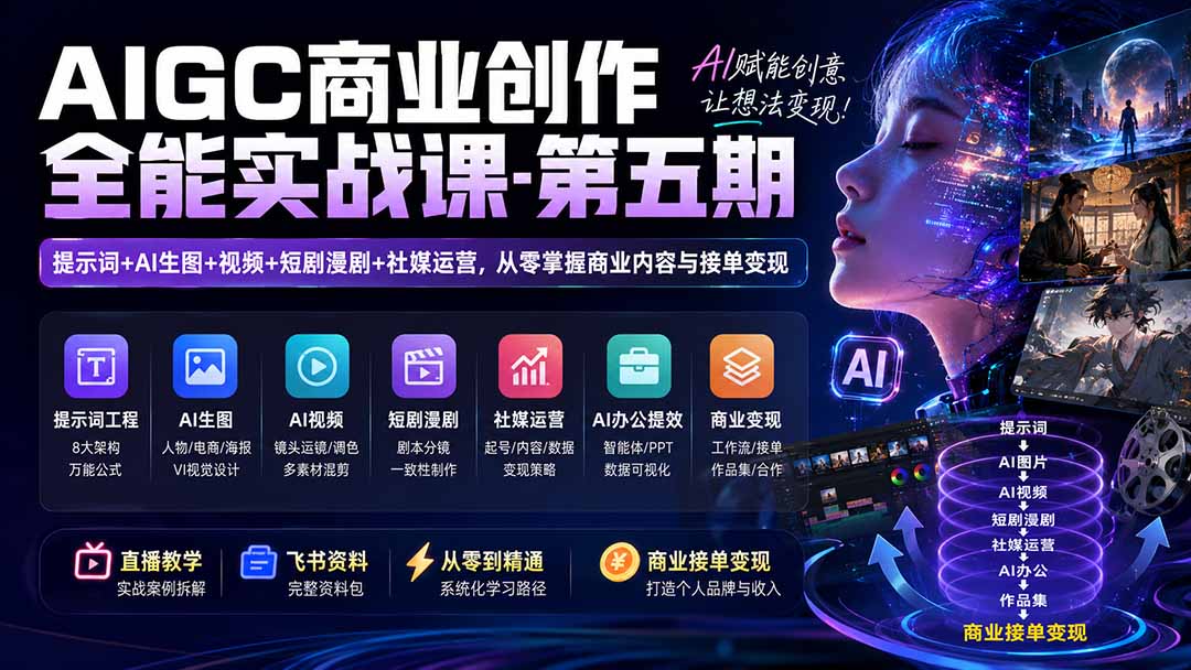 AIGC商业创作全能实战课-第五期：提示词+AI生图+视频+短剧漫剧+社媒运营，从零掌握商业内容与接单变现-宣源知识学堂