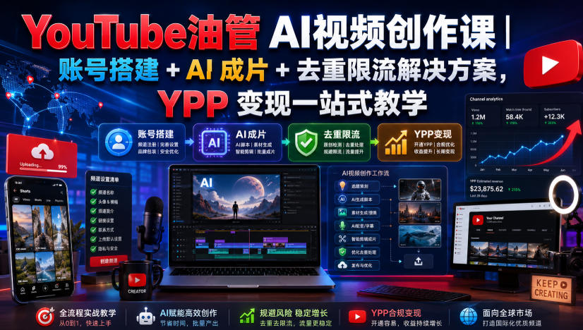 YouTube油管AI视频创作课｜账号搭建+AI成片+去重限流解决方案，YPP变现一站式教学(更新0925)-宣源知识学堂