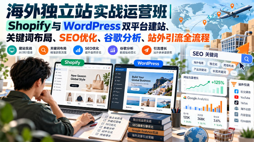 海外独立站实战运营班｜Shopify与WordPress双平台建站、关键词布局、SEO优化、谷歌分析、站外引流全流程-宣源知识学堂