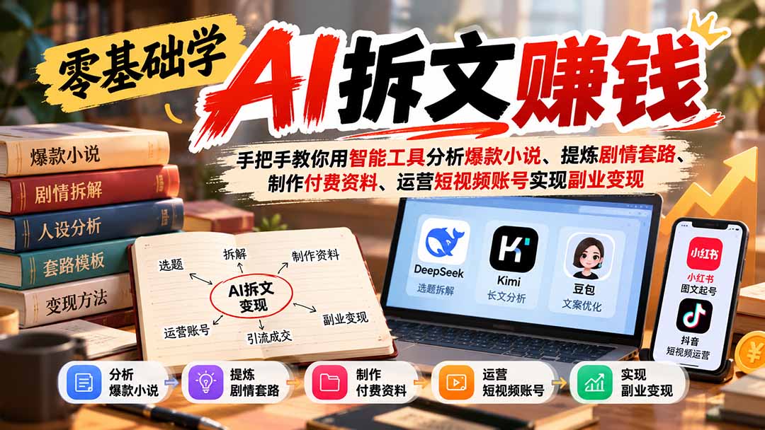 零基础学AI拆文赚钱：手把手教你用智能工具分析爆款小说、提炼剧情套路、制作付费资料、运营短视频账号实现副业变现-宣源知识学堂