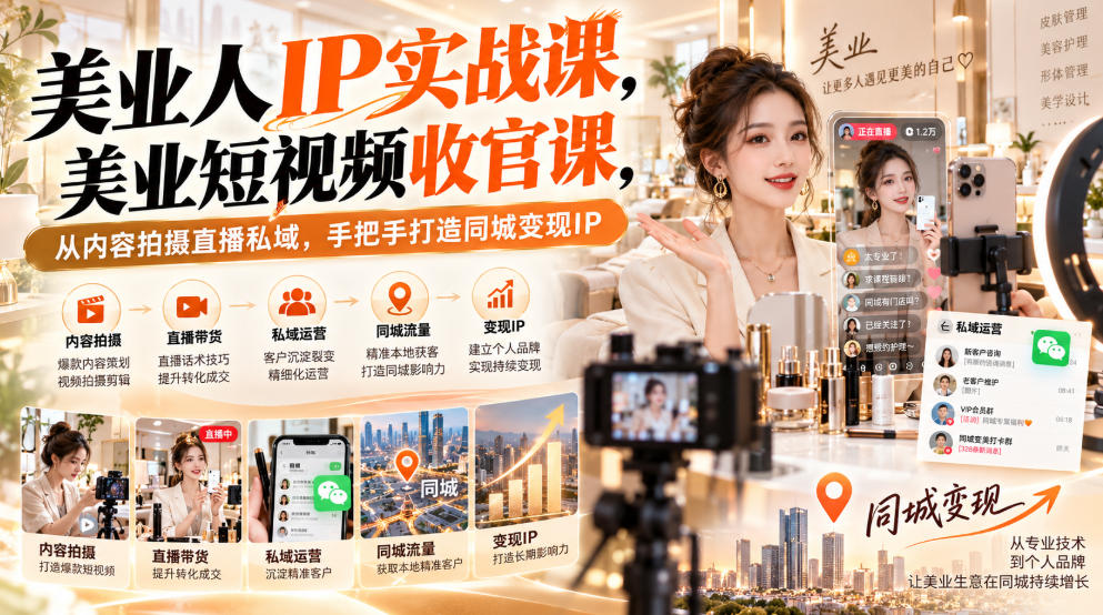 【无水印】美业人IP实战课，美业短视频收官课，从内容拍摄直播私域，手把手打造同城变现IP-宣源知识学堂