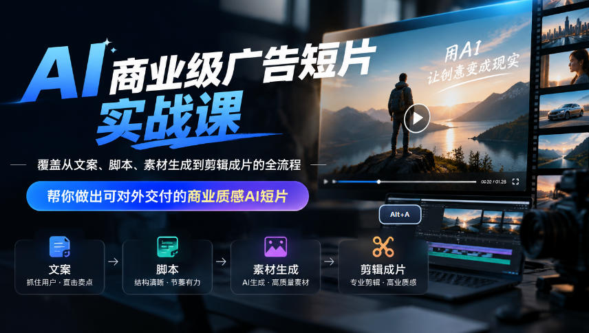 AI商业级广告短片实战课，覆盖从文案、脚本、素材生成到剪辑成片的全流程，帮你做出可对外交付的商业质感AI短片-宣源知识学堂