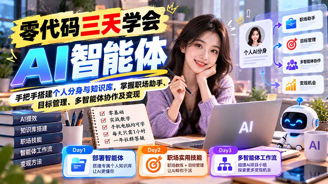 【无水印】零代码三天学会AI智能体：手把手搭建个人分身与知识库，掌握职场助手、目标管理、多智能体协作及变现-宣源知识学堂