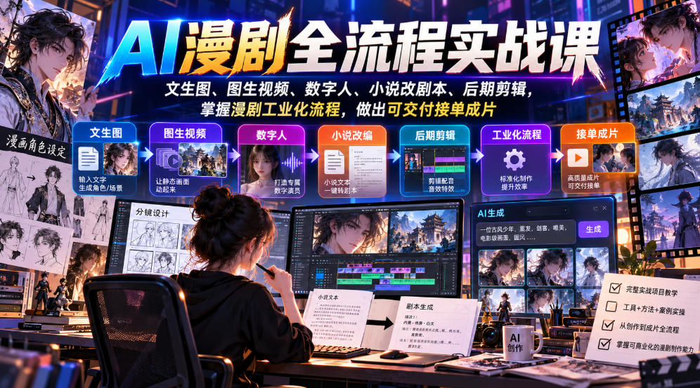 AI漫剧全流程实战课，文生图、图生视频、数字人、小说改剧本、后期剪辑，掌握漫剧工业化流程，做出可交付接单成片-宣源知识学堂