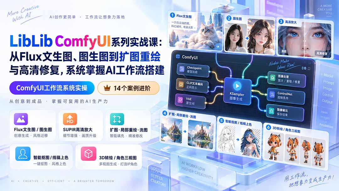 LibLib ComfyUI系列实战课：从Flux文生图、图生图到扩图重绘与高清修复，系统掌握AI工作流搭建-宣源知识学堂