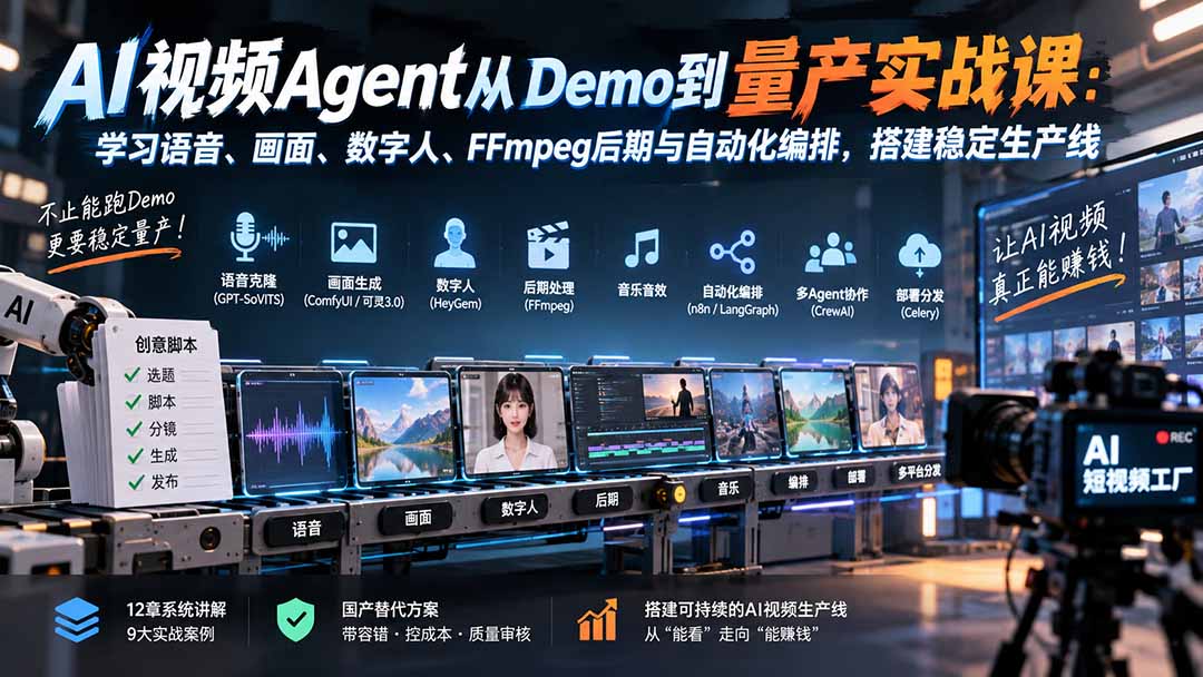 AI视频Agent从Demo到量产实战课：学习语音、画面、数字人、FFmpeg后期与自动化编排，搭建稳定生产线-宣源知识学堂