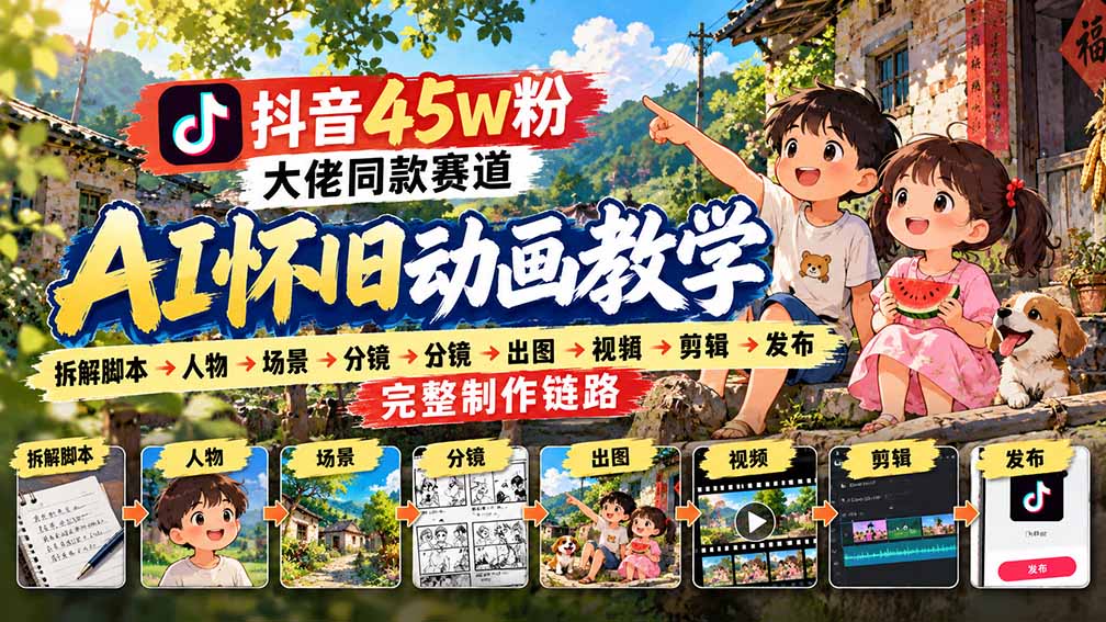 抖音45W粉大佬同款赛道AI怀旧动画教学:拆解脚本→人物→场景→分镜→出图→视频→剪辑→发布完整制作链路-宣源知识学堂