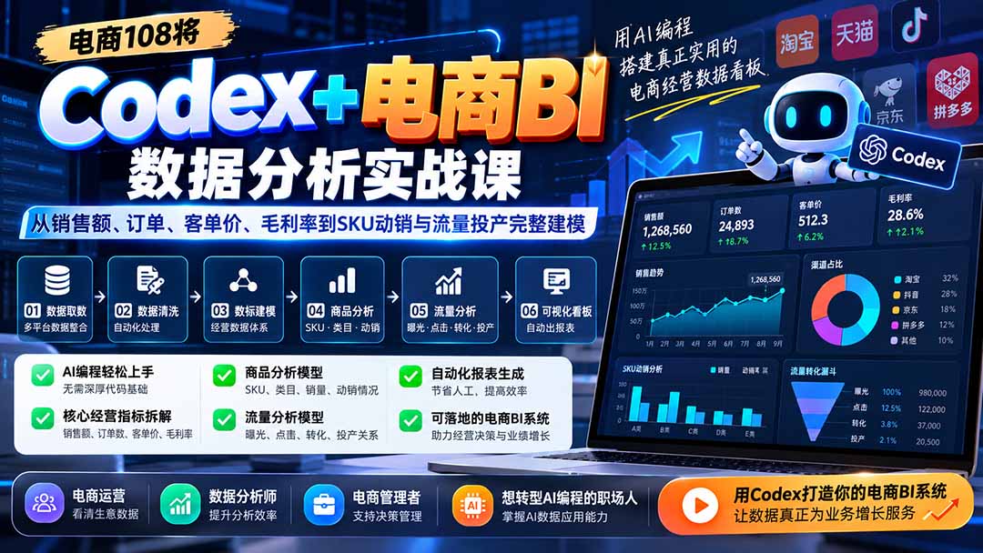 Codex+电商BI数据分析实战课-更新：从销售额、订单、客单价、毛利率到SKU动销与流量投产完整建模-宣源知识学堂