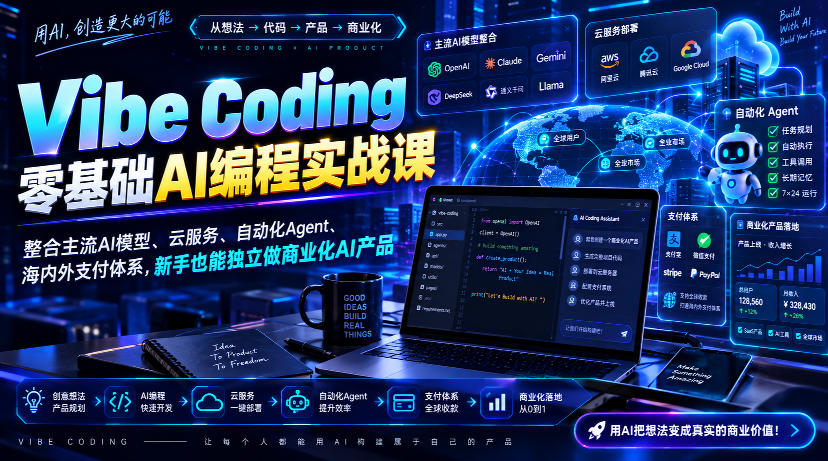 Vibe Coding零基础AI编程实战课-无水印，整合主流AI模型、云服务、自动化Agent、海内外支付体系，新手也能独立做商业化AI产品-宣源知识学堂