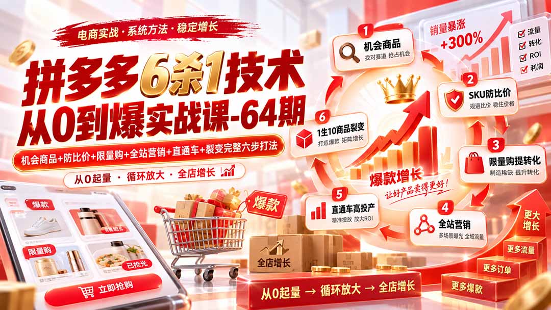 拼多多6杀1技术从0到爆实战课-64期:机会商品+防比价+限量购+全站营销+直通车+裂变完整六步打法-宣源知识学堂