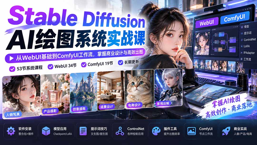 【无水印】Stable Diffusion AI绘图系统实战课：从WebUI基础到ComfyUI工作流，掌握商业设计与高效出图-宣源知识学堂