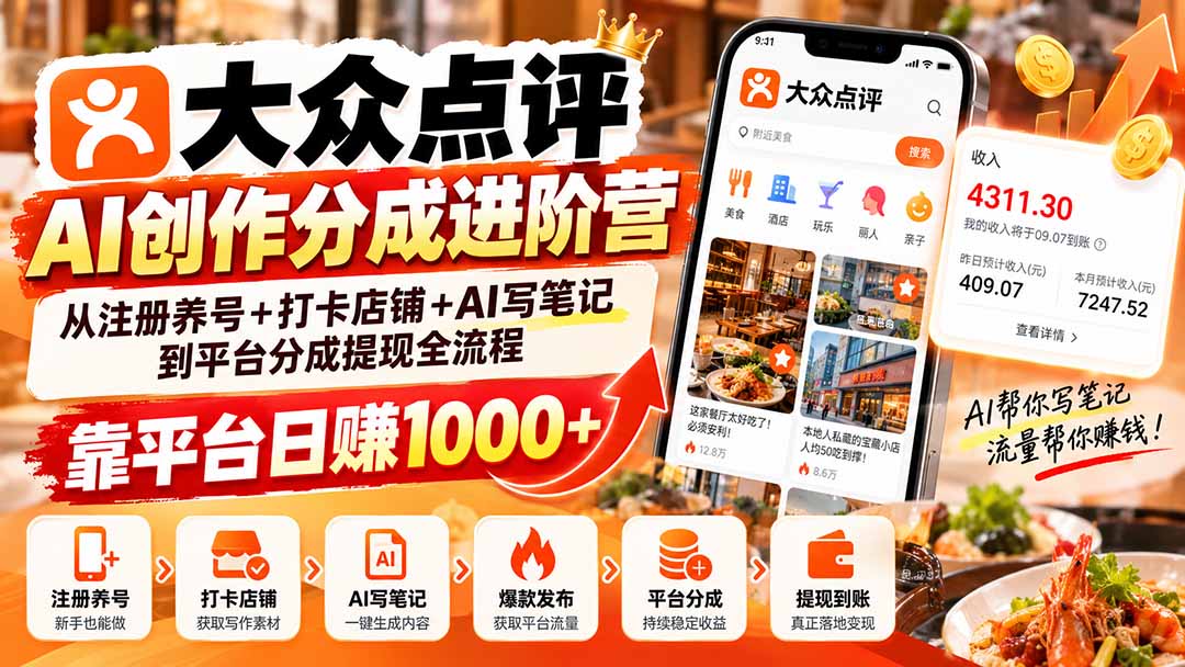 大众点评AI创作分成进阶营:从注册养号+打卡店铺+AI写笔记到平台分成提现全流程,靠平台日赚1000+-宣源知识学堂