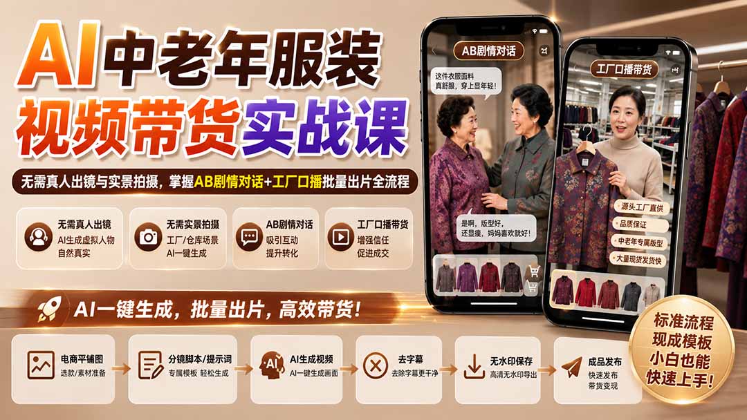 AI中老年服装视频带货实战课:无需真人出镜与实景拍摄,掌握AB剧情对话+工厂口播批量出片全流程-宣源知识学堂