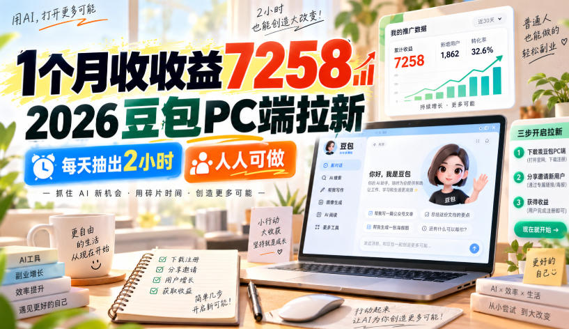 1个月收收益7258，2026豆包PC端拉新，每天抽出2小时，人人可做-宣源知识学堂