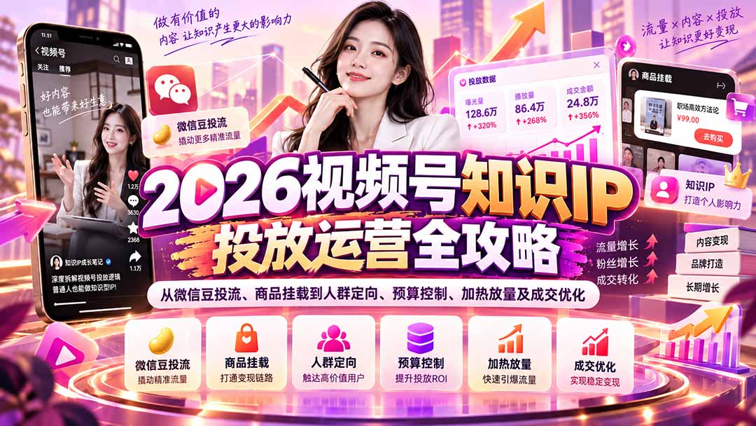 2026视频号知识IP投放运营全攻略：从微信豆投流、商品挂载到人群定向、预算控制、加热放量及成交优化-宣源知识学堂