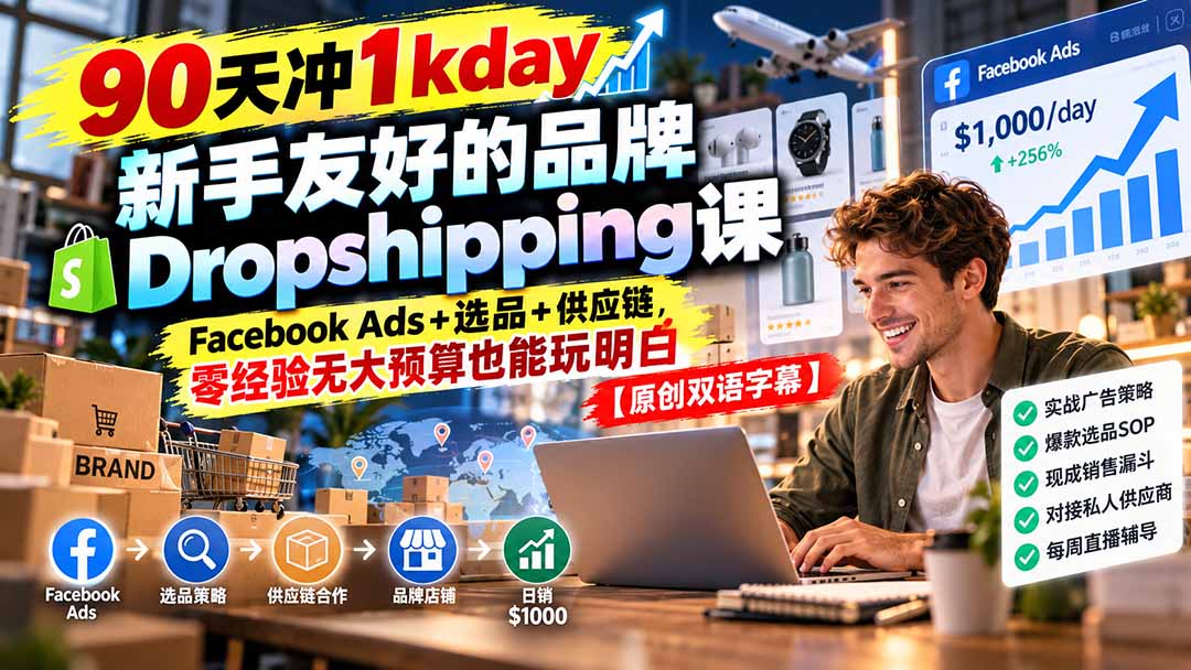 90天冲1kday 新手友好的品牌Dropshipping课：Facebook Ads+选品+供应链，零经验无大预算也能玩明白【原创双语字幕】-宣源知识学堂