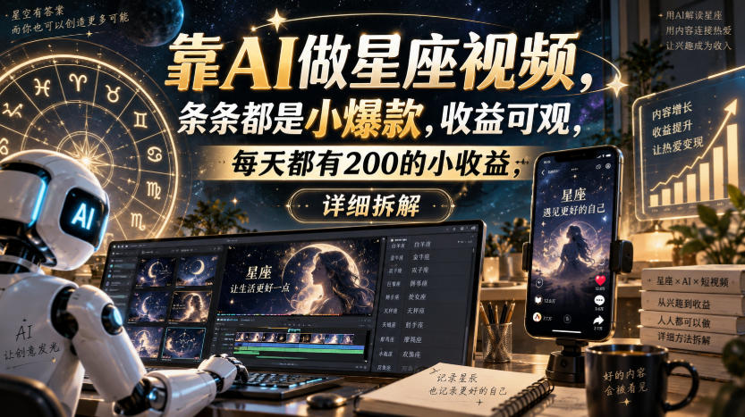 靠AI做星座视频，条条都是小爆款，收益可观，每天都有200的小收益，详细拆解-宣源知识学堂