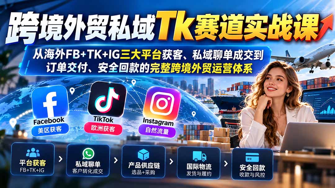 跨境外贸私域Tk赛道实战课：从海外FB+TK+IG三大平台获客、私域聊单成交到订单交付、安全回款的完整跨境外贸运营体系-宣源知识学堂