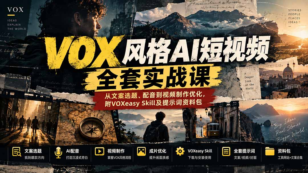 【无水印】VOX风格AI短视频全套实战课：从文案选题、配音到视频制作优化，附VOXeasy Skill及提示词资料包-宣源知识学堂