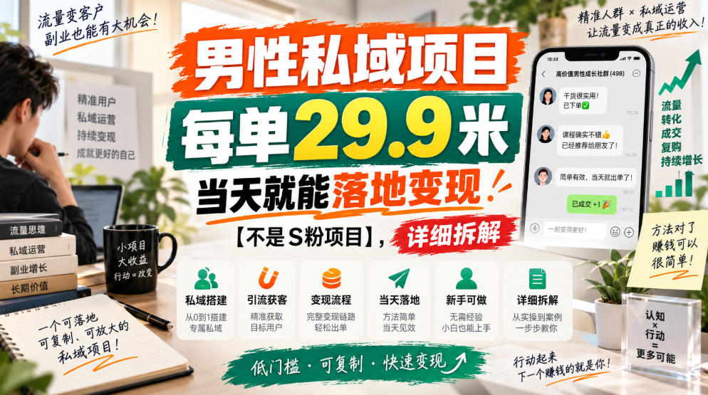 男性私域项目，每单29.9米，当天就能落地变现【不是S粉项目】，详细拆解-宣源知识学堂