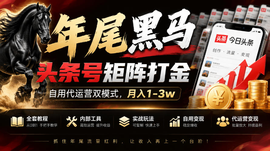 【年尾黑马】头条号矩阵打金，自用代运营双模式，月入1-3w，附全套教程及内部工具【揭秘】-宣源知识学堂