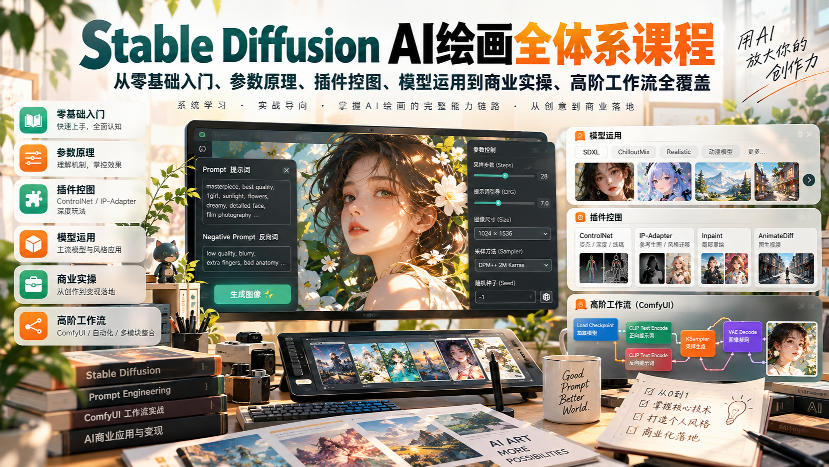 【无水印】Stable Diffusion AI绘画全体系课程，从零基础入门、参数原理、插件控图、模型运用到商业实操、高阶工作流全覆盖-宣源知识学堂