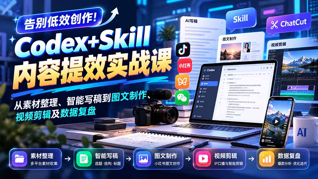 【无水印】告别低效创作!Codex+Skill内容提效实战课:从素材整理、智能写稿到图文制作、视频剪辑及数据复盘-宣源知识学堂