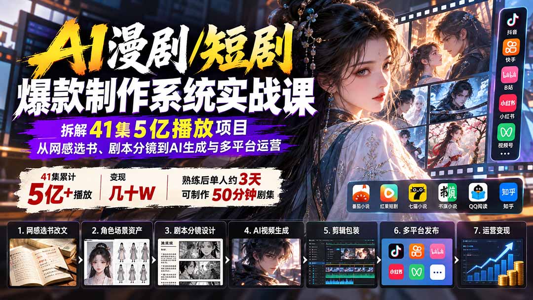 AI漫剧/短剧爆款制作系统实战课：拆解41集5亿播放项目，从网感选书、剧本分镜到AI生成与多平台运营-宣源知识学堂