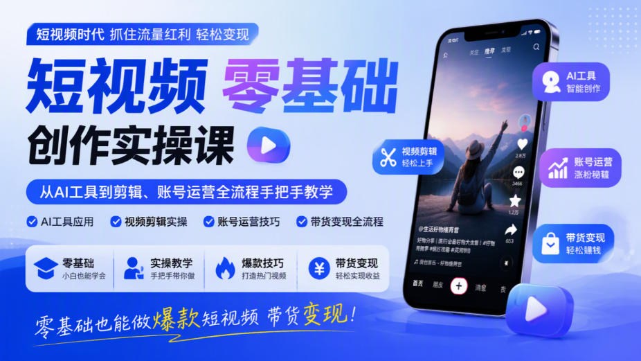 短视频零基础创作实操课，从AI工具到剪辑、账号运营全流程手把手教学，零基础也能做爆款短视频带货变现-宣源知识学堂