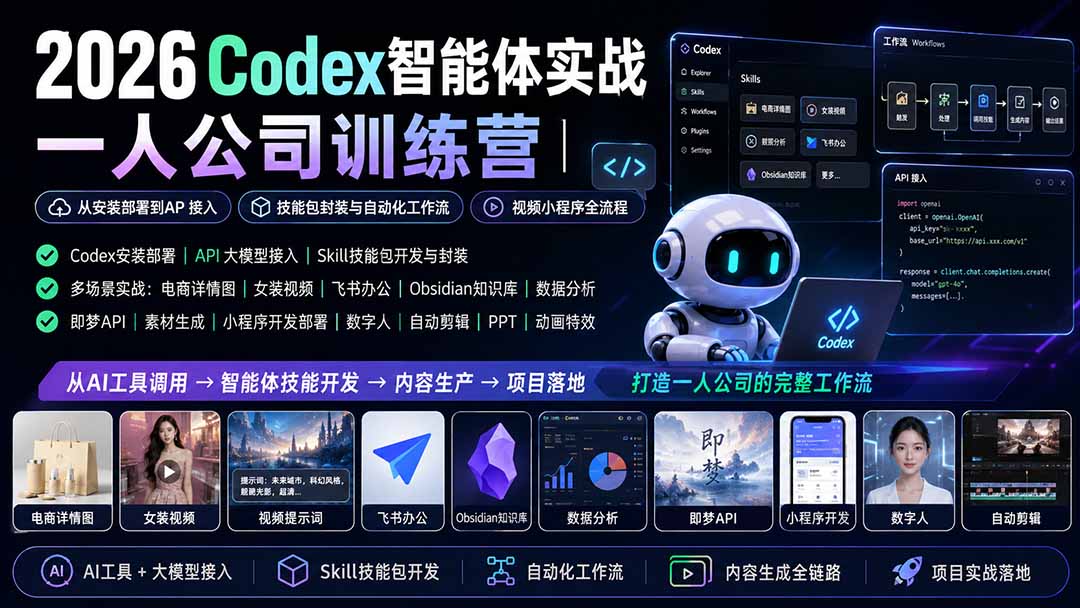 2026Codex智能体实战｜一人公司训练营｜从安装部署到API接入｜技能包封装与自动化工作流｜视频小程序全流程-宣源知识学堂