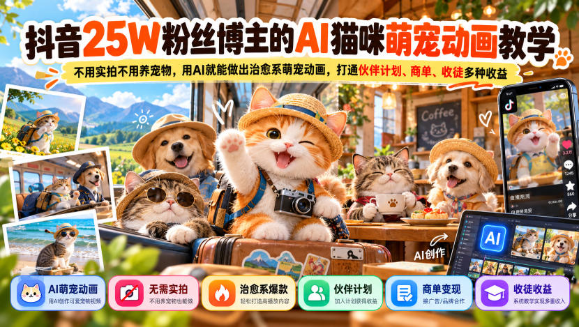 抖音25W粉丝博主的AI猫咪萌宠动画教学，不用实拍不用养宠物，用AI就能做出治愈系萌宠动画，打通伙伴计划、商单、收徒多种收益-宣源知识学堂