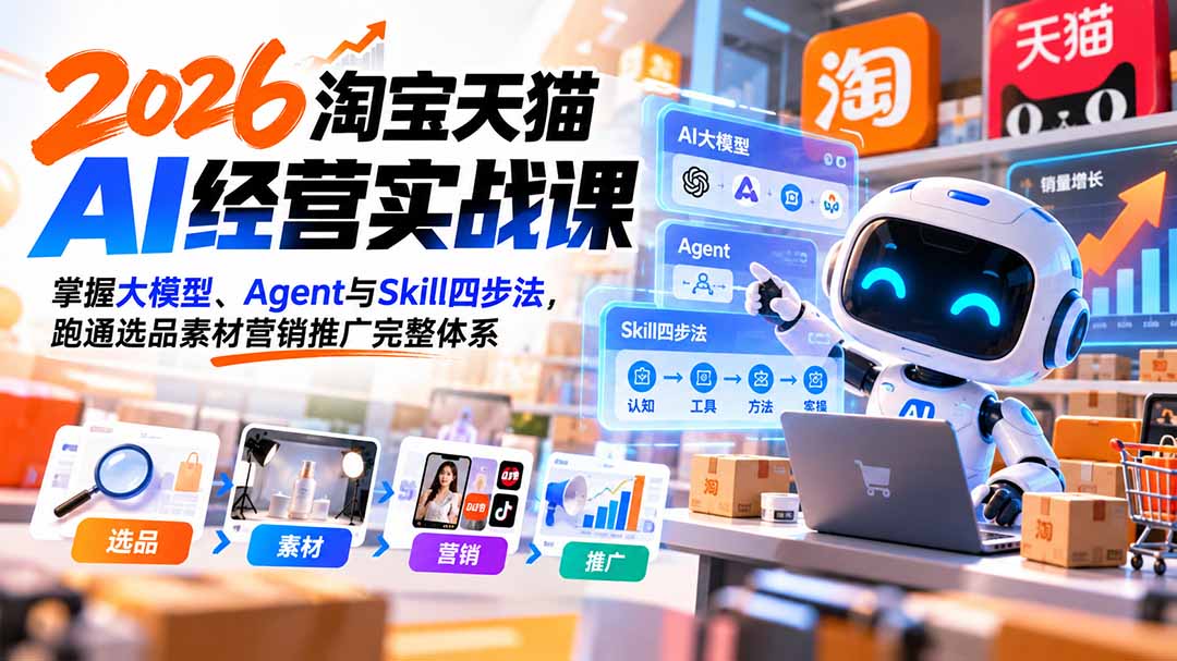 【无水印】2026淘宝天猫AI经营实战课：掌握大模型、Agent与Skill四步法，跑通选品素材营销推广完整体系-宣源知识学堂