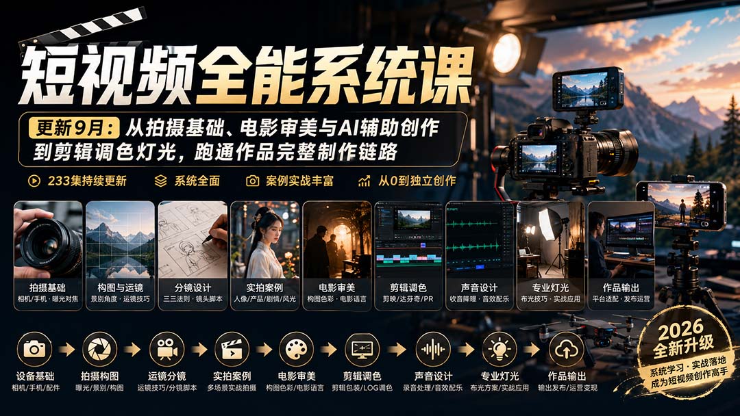 短视频全能系统课-9月完整版：从拍摄基础、电影审美与AI辅助创作到剪辑调色灯光，跑通作品完整制作链路-宣源知识学堂