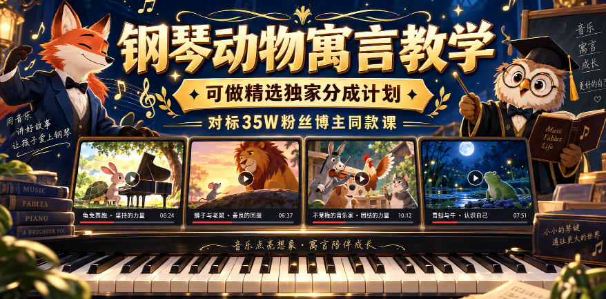 钢琴动物寓言教学，可做精选独家分成计划，对标35W粉丝博主同款课-宣源知识学堂