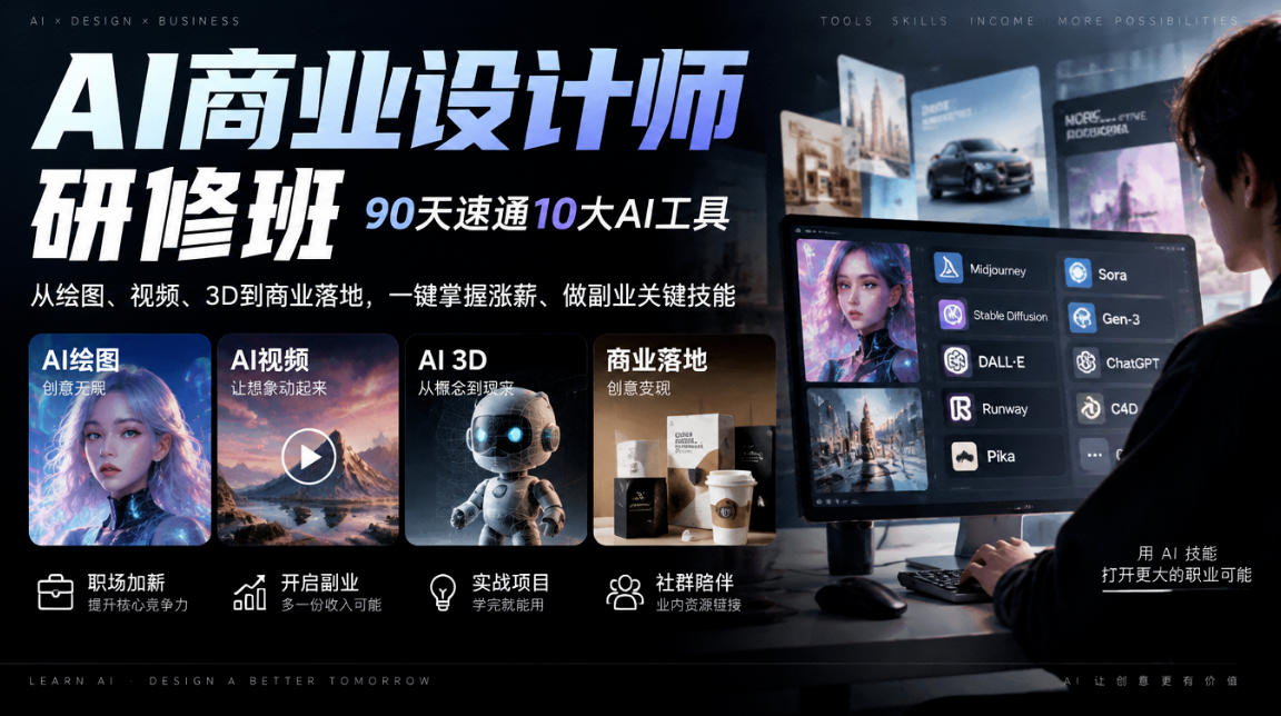 AI商业设计师研修班，90天速通10大AI工具，从绘图、视频、3D到商业落地，一键掌握涨薪、做副业关键技能-宣源知识学堂