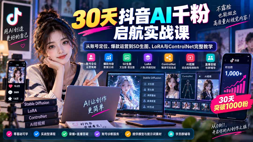30天抖音AI千粉启航实战课:从账号定位、爆款运营到SD生图、LoRA与ControlNet完整教学-宣源知识学堂