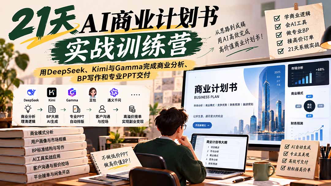 【无水印】21天AI商业计划书实战训练营：用DeepSeek、Kimi与Gamma完成商业分析、BP写作和专业PPT交付-宣源知识学堂