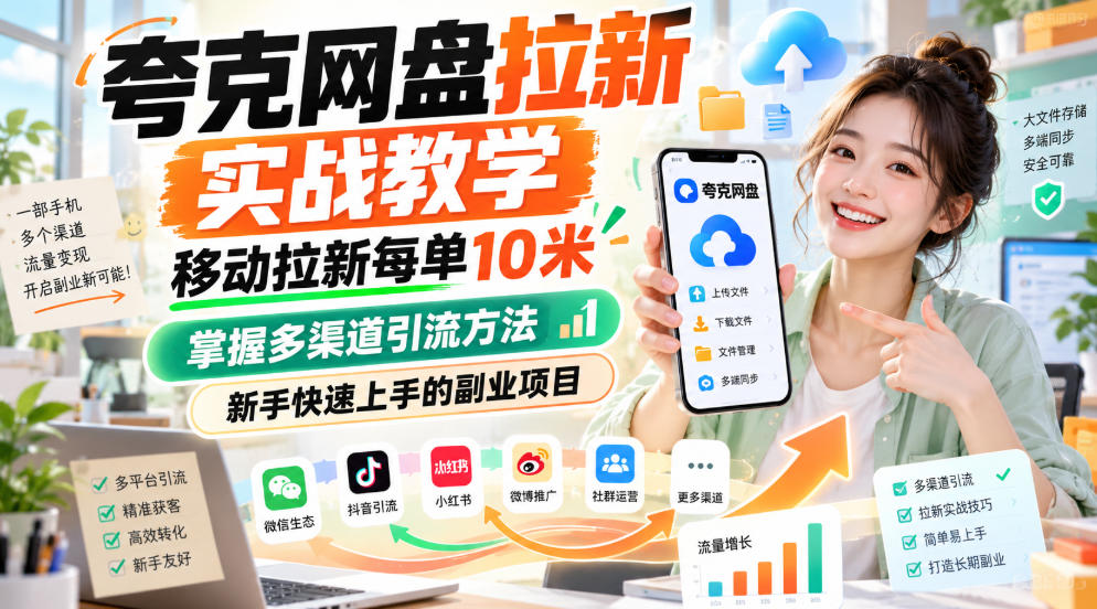 夸克网盘拉新实战教学，移动拉新每单10米，掌握多渠道引流方法，新手快速上手的副业项目-宣源知识学堂