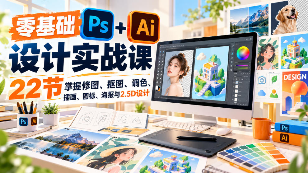 【无水印】零基础PS+AI设计实战课｜22节掌握修图、抠图、调色、插画、图标、海报与2.5D设计-宣源知识学堂