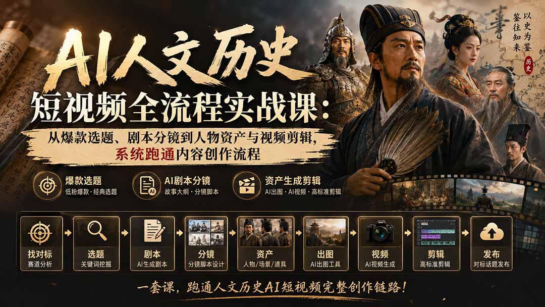 AI人文历史短视频全流程实战课-更新：从爆款选题、剧本分镜到人物资产与视频剪辑，系统跑通内容创作流程-宣源知识学堂