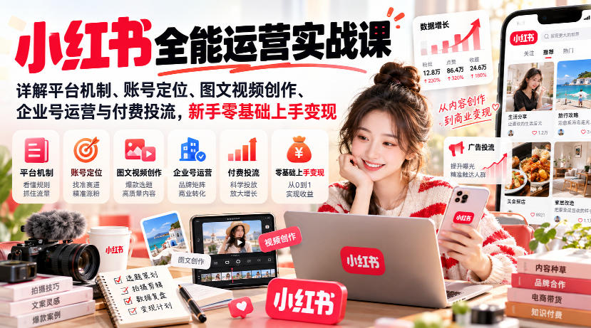 小红书全能运营实战课，详解平台机制、账号定位、图文视频创作、企业号运营与付费投流，新手零基础上手变现-宣源知识学堂