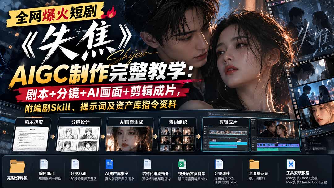 全网爆火短剧《失焦》AIGC制作完整教学：剧本+分镜+AI画面+剪辑成片，附编剧Skill、提示词及资产库指令资料-宣源知识学堂