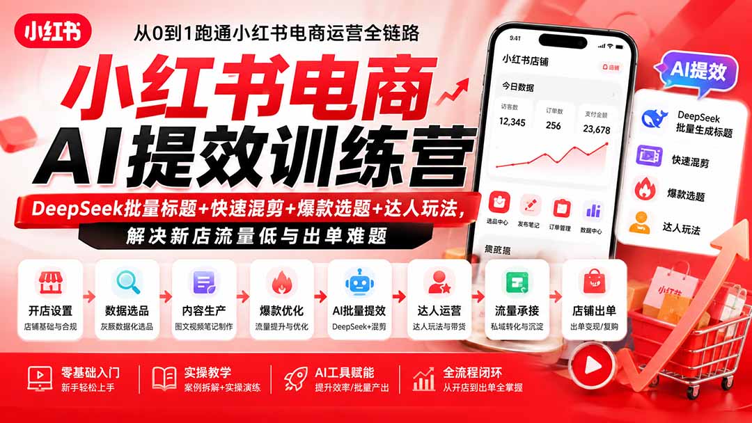 小红书电商AI提效训练营—DeepSeek批量标题+快速混剪+爆款选题+达人玩法，解决新店流量低与出单难题-宣源知识学堂