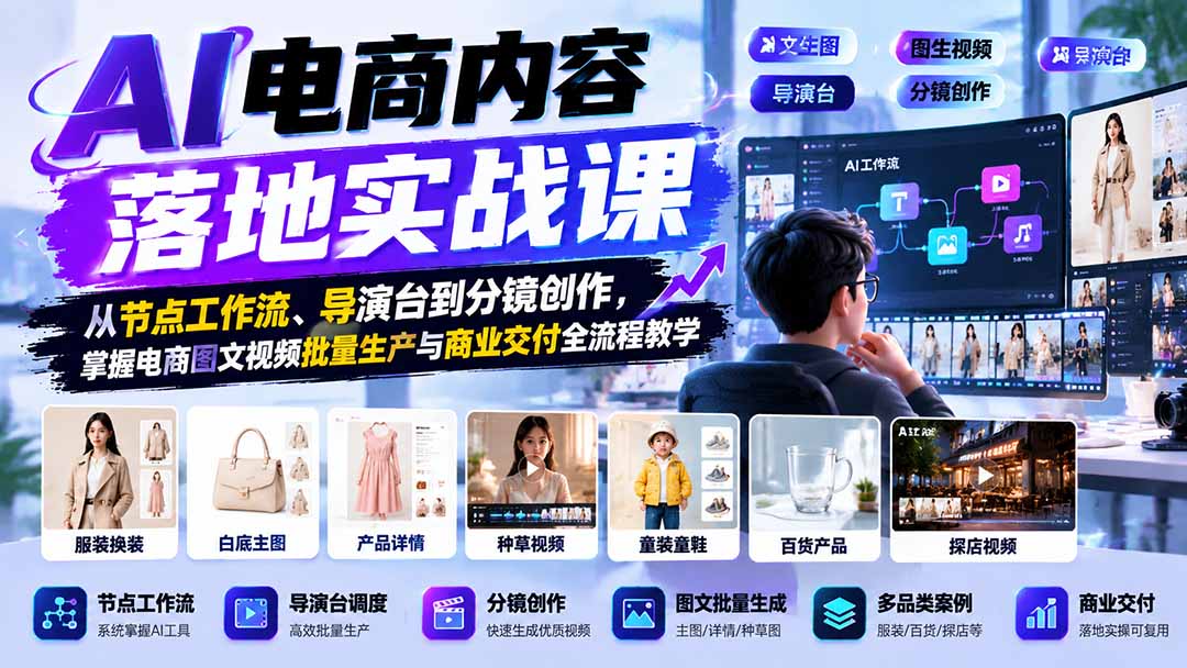 AI电商内容落地实战课：从节点工作流、导演台到分镜创作，掌握电商图文视频批量生产与商业交付全流程教学-宣源知识学堂